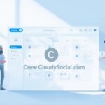 A clean, modern digital workspace showing a social media team collaborating on a shared content calendar dashboard with soft blue and white tones, representing Crew CloudySocial Com team collaboration features.
