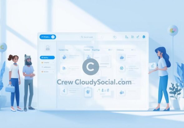 A clean, modern digital workspace showing a social media team collaborating on a shared content calendar dashboard with soft blue and white tones, representing Crew CloudySocial Com team collaboration features.